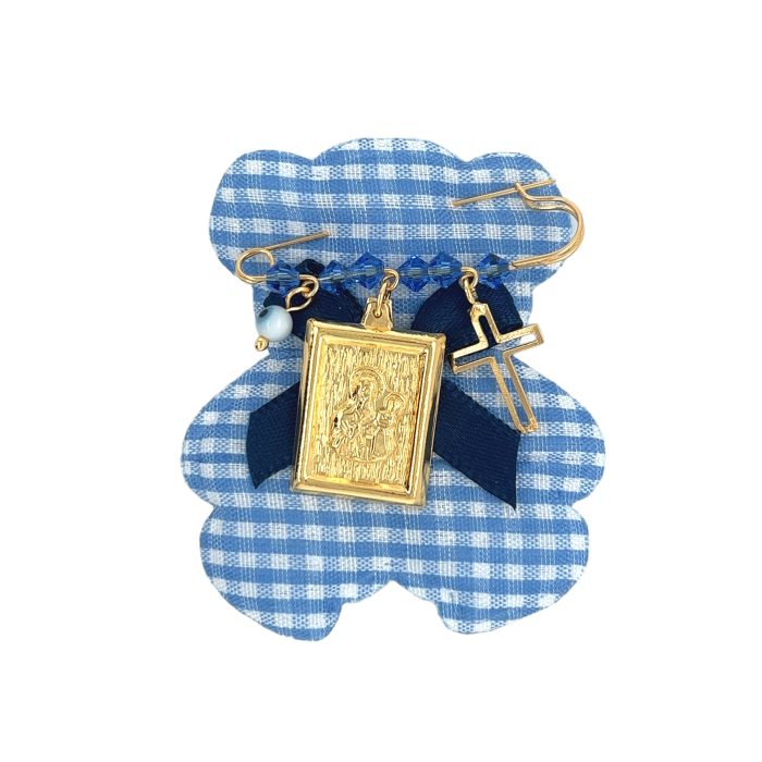 Nina Gold E-shop | Χειροποίητο κόσμημα, Πύργος Ηλείας Ασημένια, 925, επιχρυσωμένη παραμάνα για αγόρι με τον αγιο Στυλιανό και σταυρό στολισμένα με σιελ χαντρούλες