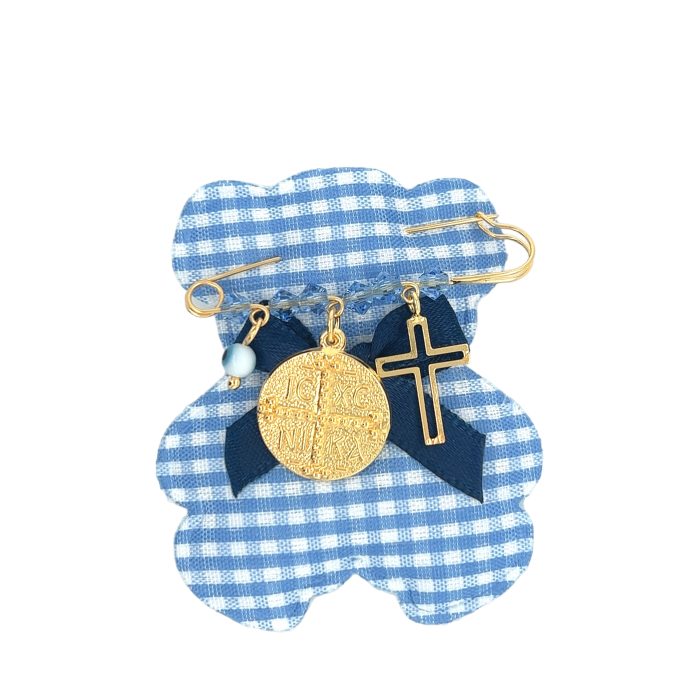 Nina Gold E-shop | Χειροποίητο κόσμημα, Πύργος Ηλείας Ασημένια επιχρυσωμένη παραμάνα για αγόρι με φλουράκι και σταυρό, στολισμένα με μπλε χαντρούλες
