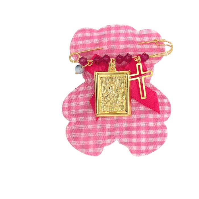 Nina Gold E-shop | Χειροποίητο κόσμημα, Πύργος Ηλείας Ασημένια, 925, επιχρυσωμένη παραμάνα για κορίτσι με τον αγιο Στυλιανό και σταυρό στολισμένα με ροζ χαντρούλες
