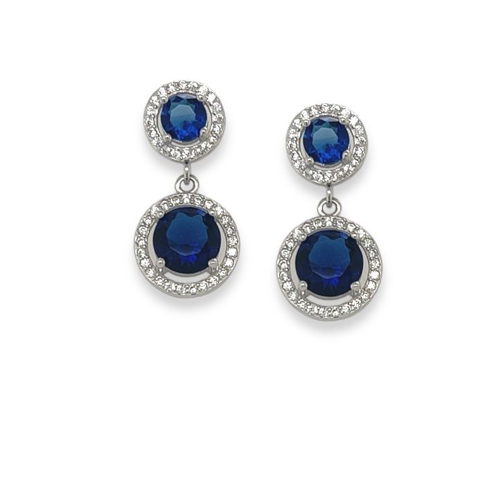 Nina Gold E-shop | Χειροποίητο κόσμημα, Πύργος Ηλείας Ασημένια, 925, επιπλατινωμένα σκουλαρίκια με δύο μπλε ροζέτες