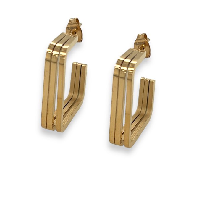 Nina Gold E-shop | Χειροποίητο κόσμημα, Πύργος Ηλείας Ατσάλινοι τετράγωνοι τριπλοί κρίκοι σκουλαρίκια, σε χρυσό χρώμα