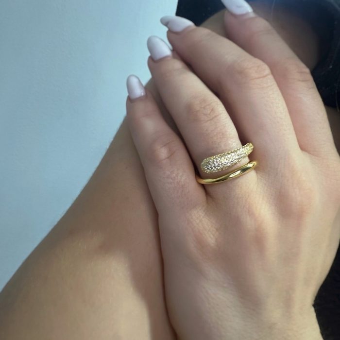 Nina Gold E-shop | Χειροποίητο κόσμημα, Πύργος Ηλείας Ασημένιο, 925, επιχρυσωμένο δαχτυλίδι, με λευκά ζιργκόν, one size