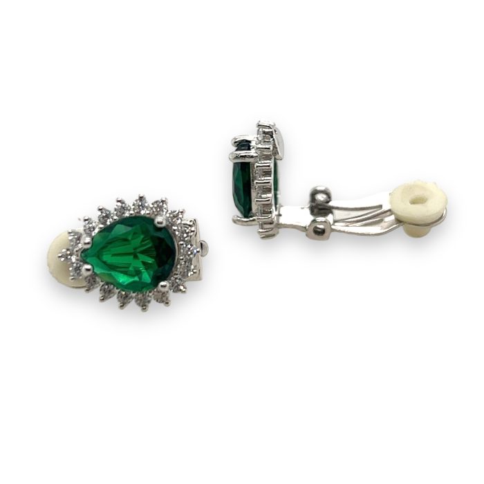 Nina Gold E-shop | Χειροποίητο κόσμημα, Πύργος Ηλείας Ασημένια, 925, επιπλατινωμένα κλιπς σκουλαρίκια, με λευκά και πράσινα ζιργκόν