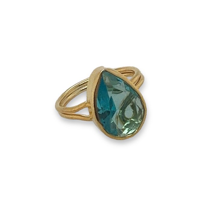 Nina Gold E-shop | Χειροποίητο κόσμημα, Πύργος Ηλείας Ασημένιο, 925, επιχρυσωμένο δαχτυλίδι, one size, με γαλάζιο ζιργκόν σε σχήμα σταγόνας