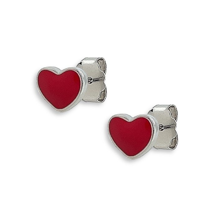 Nina Gold E-shop | Χειροποίητο κόσμημα, Πύργος Ηλείας Ασημένια, 925, επιπλατινωμένα σκουλαρίκια καρδιές, στολισμένα με κόκκινο σμάλτο