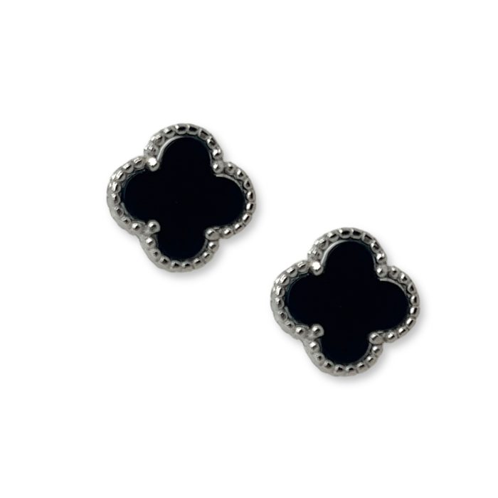 Nina Gold E-shop | Χειροποίητο κόσμημα, Πύργος Ηλείας Ασημένια, 925, επιπλατινωμένα σκουλαρίκια με σταυρουδάκια, στολισμένα με μαύρο όνυχα