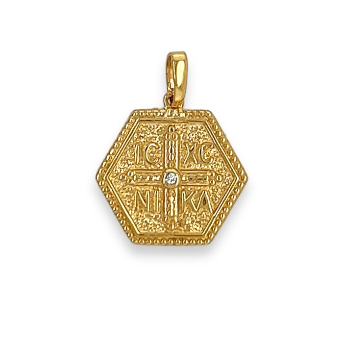 Nina Gold E-shop | Χειροποίητο κόσμημα, Πύργος Ηλείας Χρυσό κωνσταντινάτο εξάγωνο φλουρί , 9 καρατίων, δύο όψεων, στολισμένο με λευκό ζιργκόν