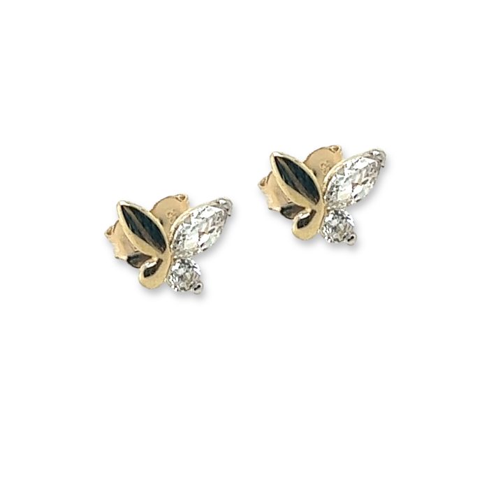 Nina Gold E-shop | Χειροποίητο κόσμημα, Πύργος Ηλείας Χρυσά σκουλαρίκια, 9 καρατίων, πεταλούδες με λευκά ζιργκόν