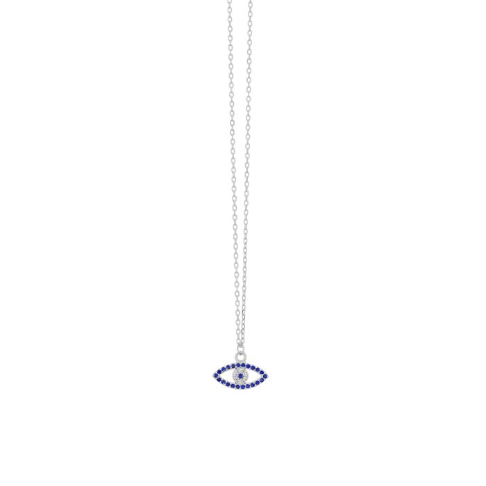 Nina Gold E-shop | Χειροποίητο κόσμημα, Πύργος Ηλείας Ασημένιο, 925, επιπλατινωμένο κολιέ με ματάκι, στολισμένο με μπλε ζιργκόν