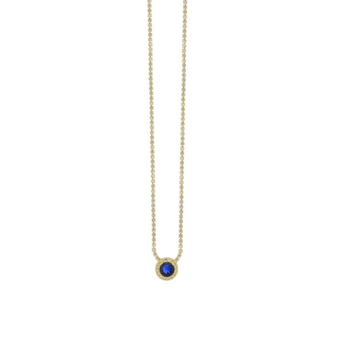Nina Gold E-shop | Χειροποίητο κόσμημα, Πύργος Ηλείας Ασημένια, 925, επιχρυσωμένη ριβιέρα λαιμού, με λευκά και μπλε ζιργκόν και κεντρική ροζέτα