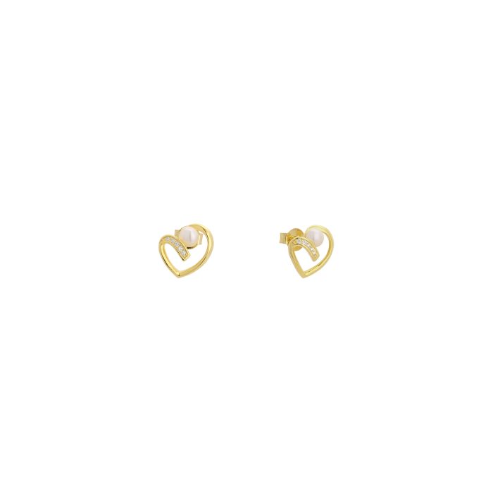 Nina Gold E-shop | Χειροποίητο κόσμημα, Πύργος Ηλείας Ασημένια, 925, επιχρυσωμένα σκουλαρίκια καρδιές, με μαργαριταράκι και ζιργκόν
