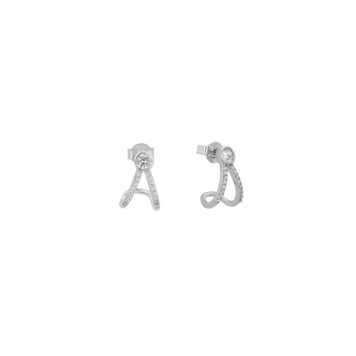 Nina Gold E-shop | Χειροποίητο κόσμημα, Πύργος Ηλείας Ασημένια, 925, επιπλατινωμένα διπλά κρικάκια, στολισμένα με λευκά ζιργκόν