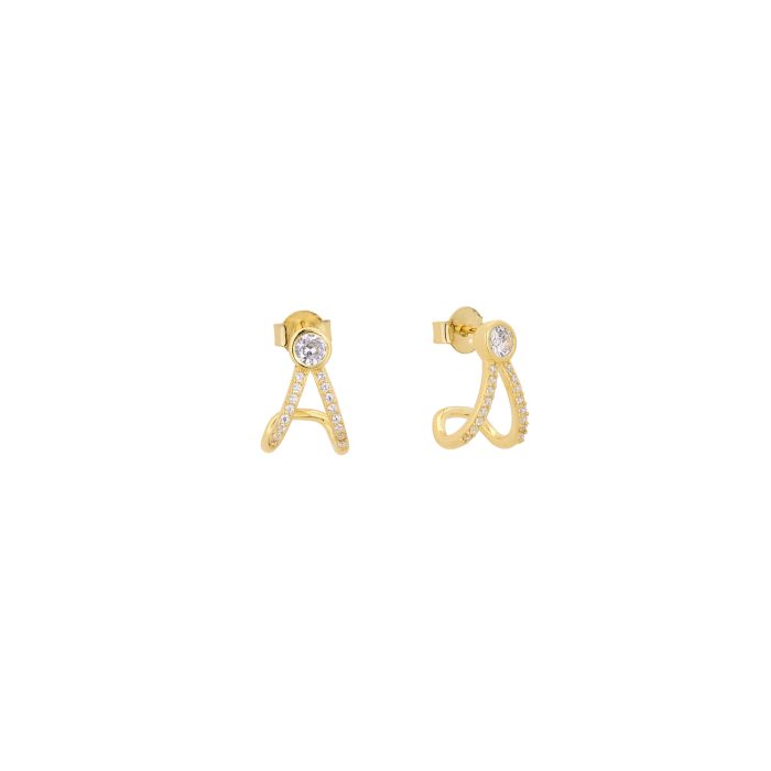 Nina Gold E-shop | Χειροποίητο κόσμημα, Πύργος Ηλείας Ασημένια, 925, επιχρυσωμένα διπλά κρικάκια, στολισμένα με λευκά ζιργκόν