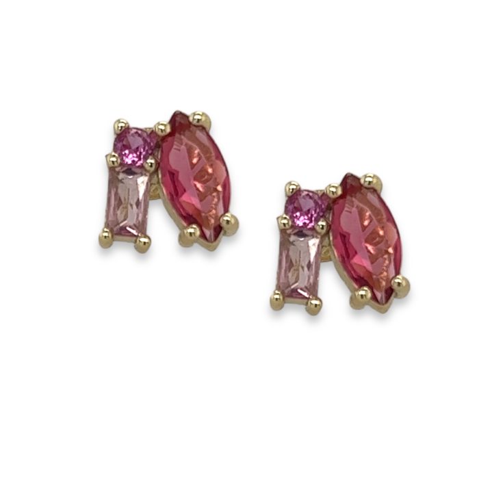 Nina Gold E-shop | Χειροποίητο κόσμημα, Πύργος Ηλείας Ασημένια, 925, επιχρυσωμένα σκουλαρίκια, στολισμένα με ροζ ζιργκόν