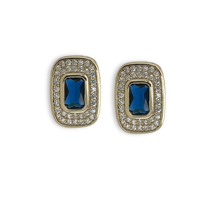 Nina Gold E-shop | Χειροποίητο κόσμημα, Πύργος Ηλείας Ασημένια, 925, επιχρυσωμένα σκουλαρίκια, στολισμένα με λευκά και μπλε ζιργκόν