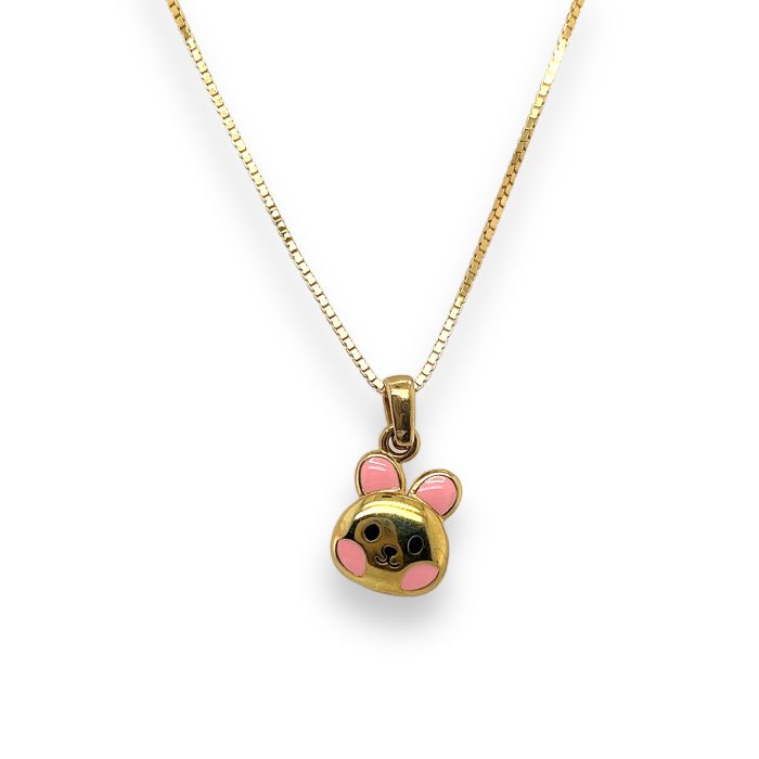 Nina Gold E-shop | Χειροποίητο κόσμημα, Πύργος Ηλείας Ασημένιο,925, επιχρυσωμένο παιδικό κολιέ, αρκουδάκι, στολισμένο με ροζ σμάλτο