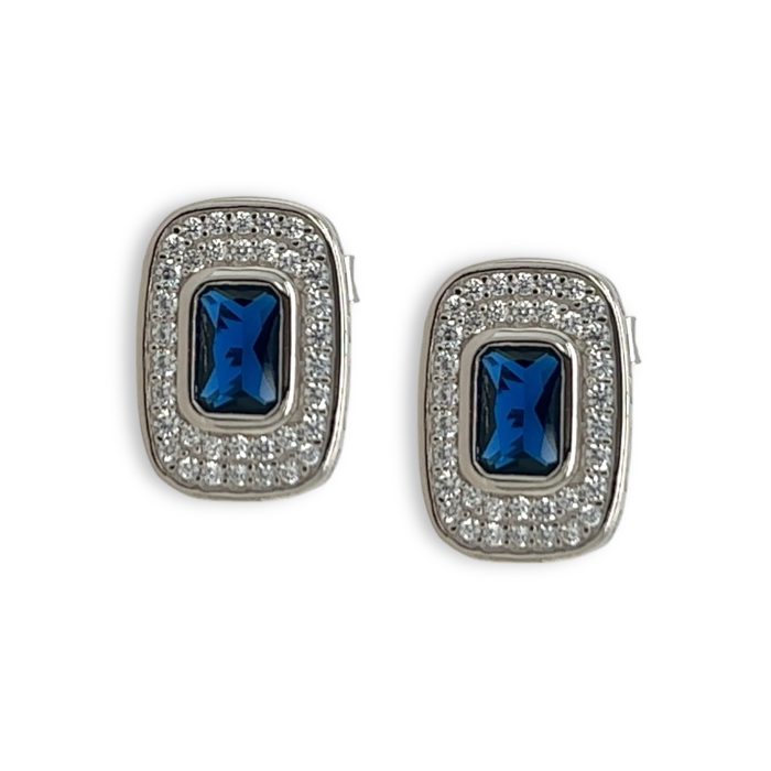 Nina Gold E-shop | Χειροποίητο κόσμημα, Πύργος Ηλείας Ασημένια, 925, επιπλατινωμένα σκουλαρίκια, στολισμένα με λευκά και μπλε ζιργκόν