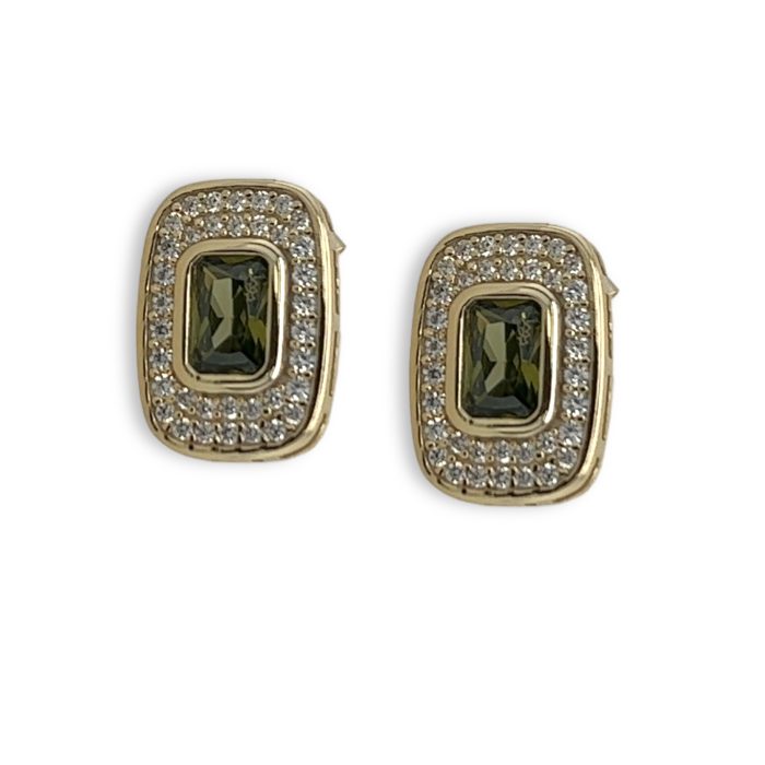 Nina Gold E-shop | Χειροποίητο κόσμημα, Πύργος Ηλείας Ασημένια, 925, επιχρυσωμένα σκουλαρίκια, στολισμένα με λευκά και λαδί ζιργκόν