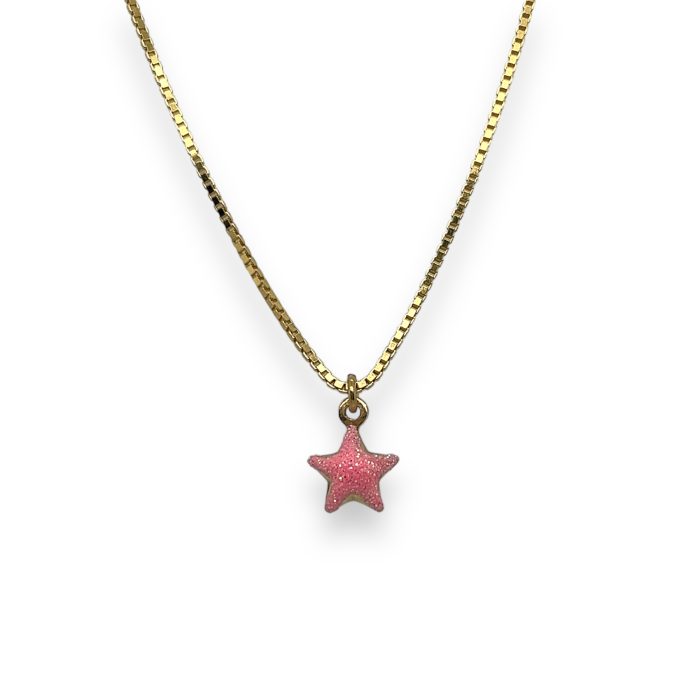 Nina Gold E-shop | Χειροποίητο κόσμημα, Πύργος Ηλείας Ασημένιο,925, επιχρυσωμένο παιδικό κολιέ, αστεράκι, στολισμένο με ροζ σμάλτο