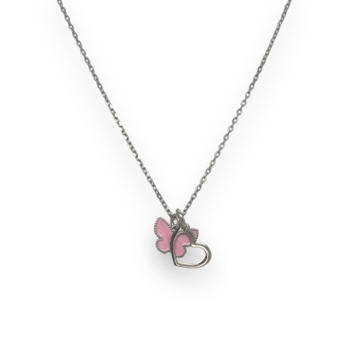Nina Gold E-shop | Χειροποίητο κόσμημα, Πύργος Ηλείας Ασημένιο, 925, παιδικό κολιέ με ροζ πεταλούδα και καρδιά
