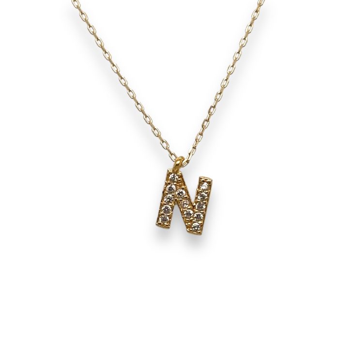 Nina Gold E-shop | Χειροποίητο κόσμημα, Πύργος Ηλείας Ασημένιο,925, επιχρυσωμένο κολιέ με το μονόγραμμα Ν, στολισμένο με λευκά ζιργκόν