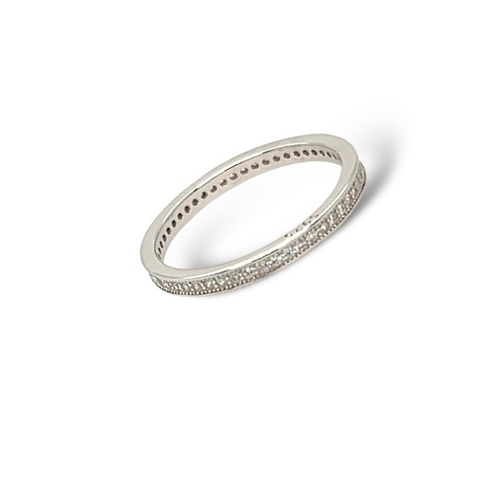 Nina Gold E-shop | Χειροποίητο κόσμημα, Πύργος Ηλείας Ασημένιο, 925, επιπλατινωμένο σειρέ δαχτυλίδι-βέρα, στολισμένο με λευκά ζιργκόν, Νο 52, 61