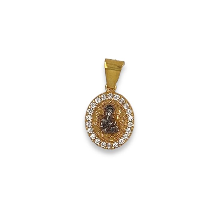 Nina Gold E-shop | Χειροποίητο κόσμημα, Πύργος Ηλείας Ασημένια, 925, επιχρυσωμένη οβαλ Παναγίτσα, στολισμένη με λευκά ζιργκόν