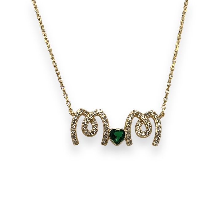 Nina Gold E-shop | Χειροποίητο κόσμημα, Πύργος Ηλείας Ασημένιο, 925, επιχρυσωμένο γυναικείο κολιέ, "μαμά" με πράσινη καρδούλα