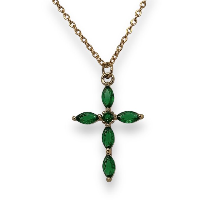 Nina Gold E-shop | Χειροποίητο κόσμημα, Πύργος Ηλείας Ατσάλινος γυναικείος σταυρός με αλυσίδα, στολισμένος με πράσινα ζιργκόν, σε χρυσό χρώμα