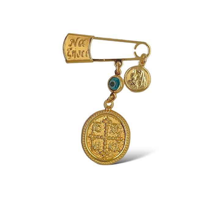 Nina Gold E-shop | Χειροποίητο κόσμημα, Πύργος Ηλείας Χρυσή παραμάνα, 9 καρατίων, με μπλε ματάκι και φλουρί με βυζαντινό σταυρό
