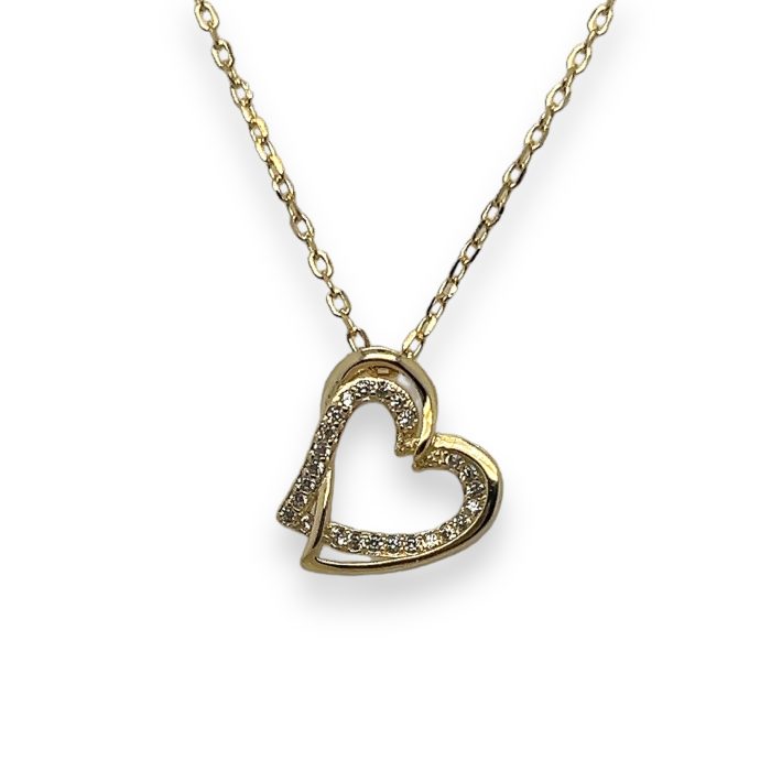 Nina Gold E-shop | Χειροποίητο κόσμημα, Πύργος Ηλείας Ασημένιο, 925, επιχρυσωμένο κολιέ με διπλή καρδιά, στολισμένο με λευκά ζιργκόν