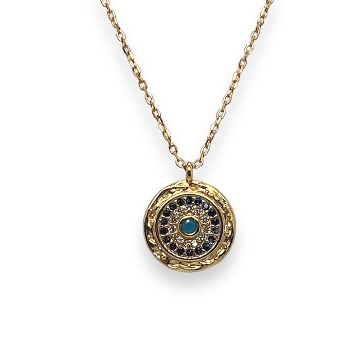 Nina Gold E-shop | Χειροποίητο κόσμημα, Πύργος Ηλείας Ασημένιο, 925, επιχρυσωμένο κολιέ με ματάκι, στολισμένο με μπλε ζιργκόν