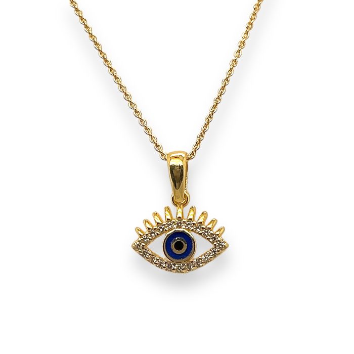 Nina Gold E-shop | Χειροποίητο κόσμημα, Πύργος Ηλείας Ασημένιο, 925, επιχρυσωμένο κολιέ με μάτι στολισμένο με μπλε σμάλτο και λευκά ζιργκόν