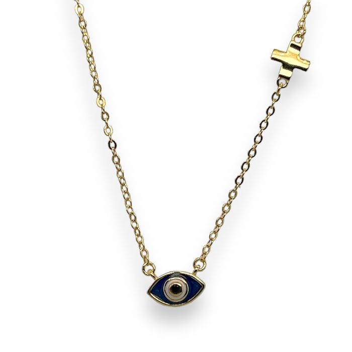 Nina Gold E-shop | Χειροποίητο κόσμημα, Πύργος Ηλείας Ασημένιο, 925, επιχρυσωμένο κολιέ με ματάκι και σταυρό, στολισμένο με μπλε σμάλτο