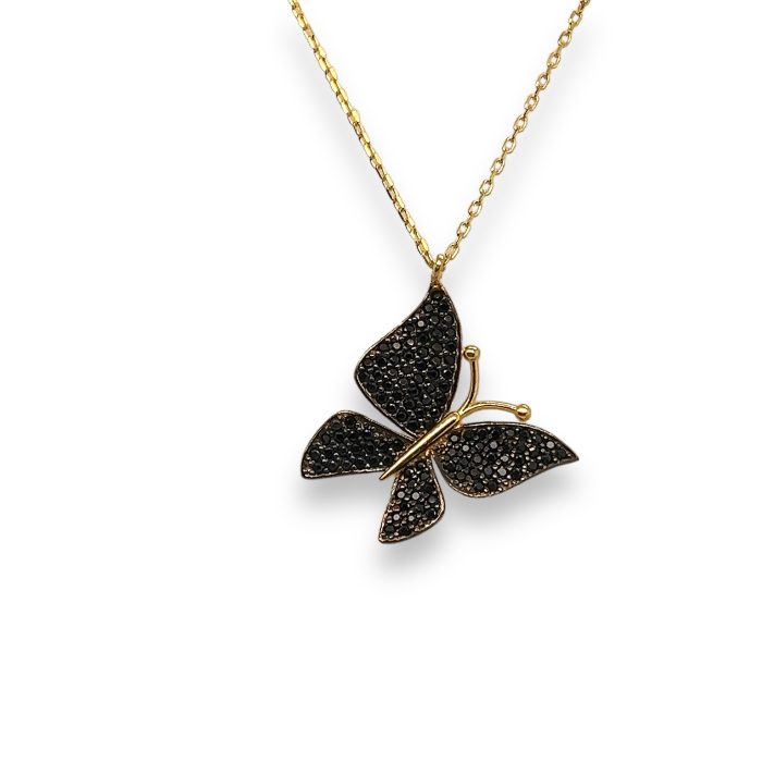 Nina Gold E-shop | Χειροποίητο κόσμημα, Πύργος Ηλείας Ασημένιο, 925, επιχρυσωμένο κολιέ με πεταλούδα, στολισμένη με μαύρα ζιργκόν