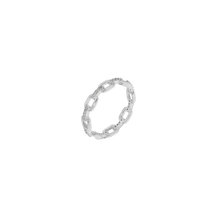 Nina Gold E-shop | Χειροποίητο κόσμημα, Πύργος Ηλείας Ασημένιο, 925, επιπλατινωμένο δαχτυλίδι σειρέ, στολισμένο με λευκά ζιργκόν, σχέδιο καδένα