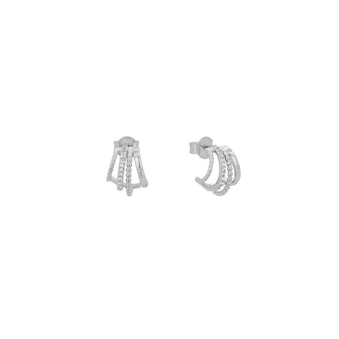 Nina Gold E-shop | Χειροποίητο κόσμημα, Πύργος Ηλείας Ασημένια, 925, επιπλατινωμένα τετραπλά κρικάκια, στολισμένα με λευκά ζιργκόν