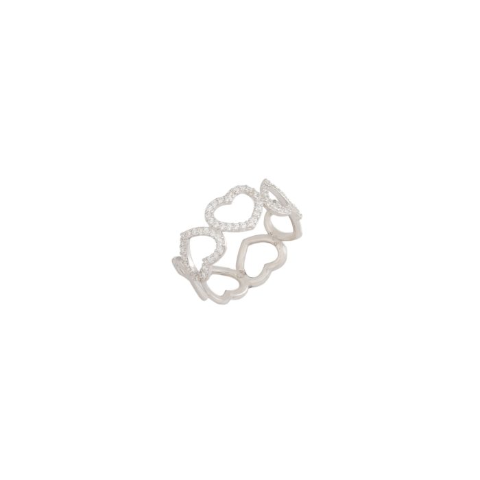 Nina Gold E-shop | Χειροποίητο κόσμημα, Πύργος Ηλείας Ασημένιο, 925, επιπλατινωμένο δαχτυλίδι με καρδιές και με λευκά ζιργκόν