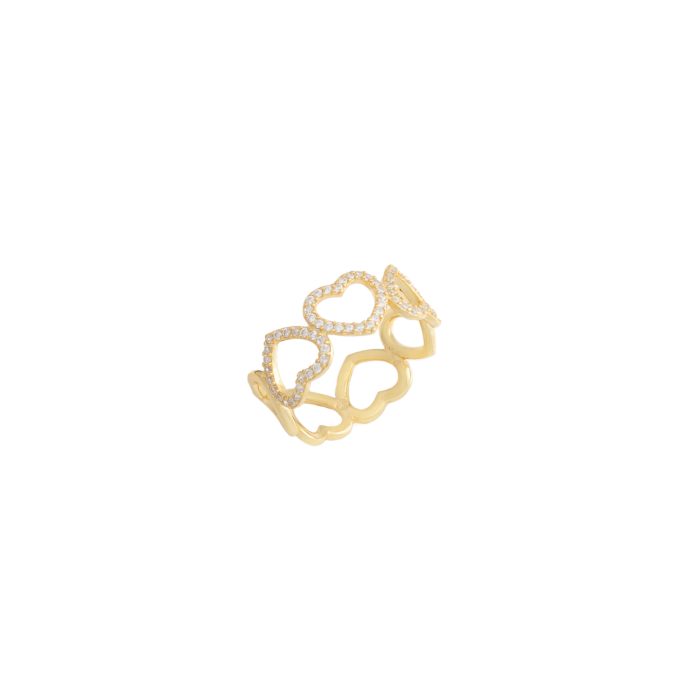 Nina Gold E-shop | Χειροποίητο κόσμημα, Πύργος Ηλείας Ασημένιο, 925, επιχρυσωμένο δαχτυλίδι με καρδιές και με λευκά ζιργκόν