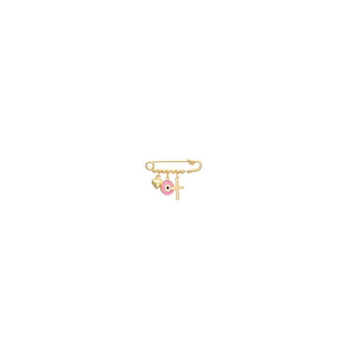 Nina Gold E-shop | Χειροποίητο κόσμημα, Πύργος Ηλείας Ασημένια, 925, επιχρυσωμένη παραμάνα, με ροζ μάτι, σταυρό και κρεμαστή καρδούλα